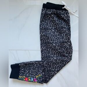 Women's Black and Gray Joggers with Embroidered Floral Detail
